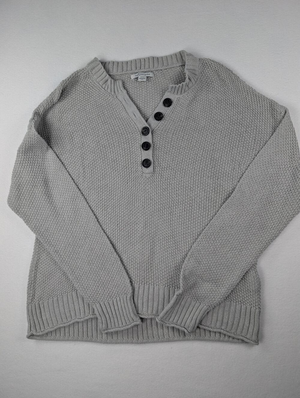 American Eagle Gray Chunky Knit Henley Sweater Small Cozy Y2K